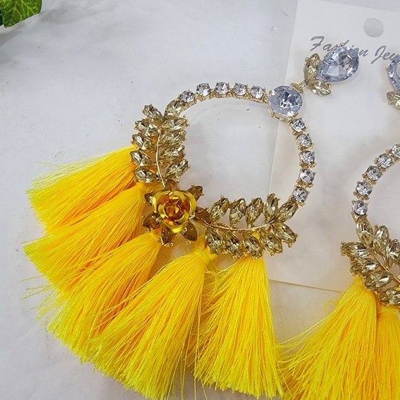 Large Statement Yellow Tassel and Crystal Earrings - Picture 3 of 5